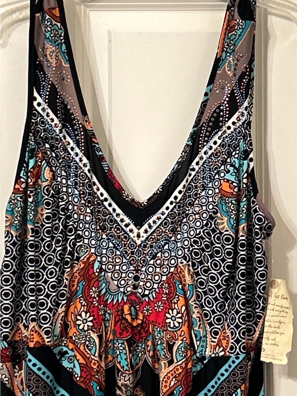 NWT ONE WORLD Sleeveless V-Neck Maxi Dress in Black with Turquoise & Red Accents - Picture 8 of 10